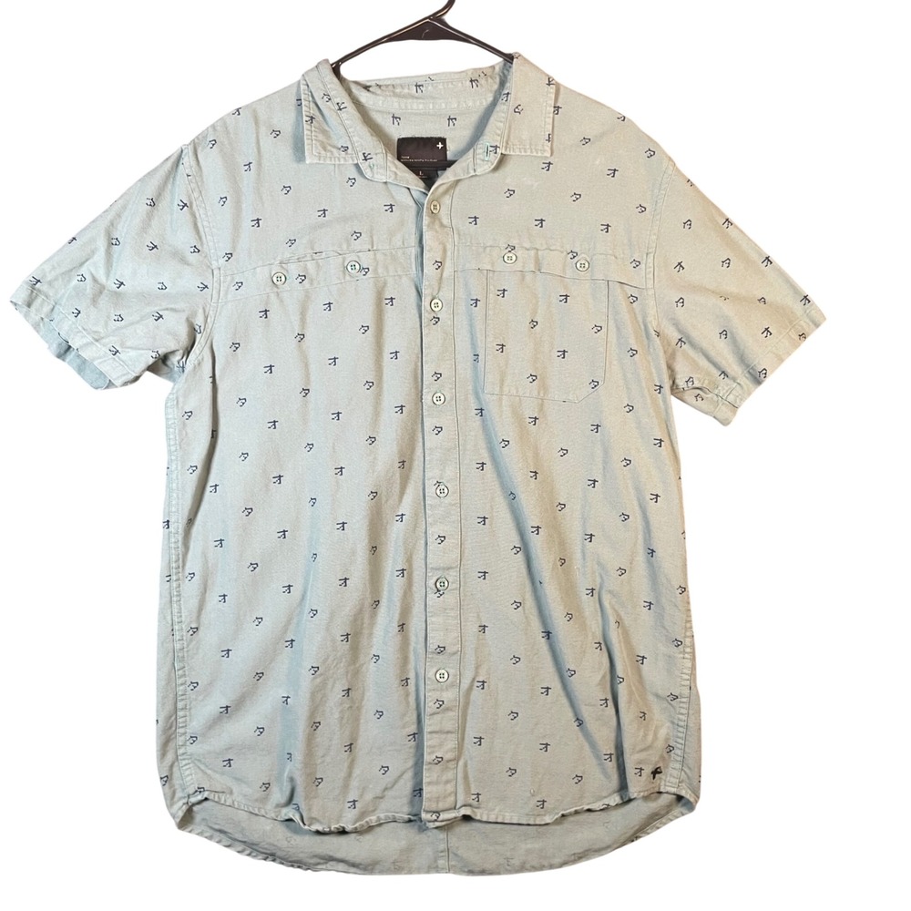 Tavik Mens Large Sage Green Katakana‎ Print Short Sleeve Button Down Shirt L